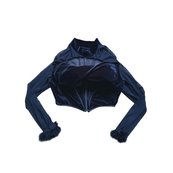 Mobwife Sheer Sleeves Feather Trim Velvet Choker Corset Top 2XL Black Romantic - Picture 3 of 7